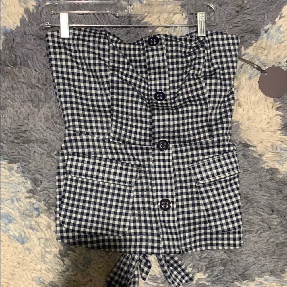 Strapless blue/white checkered tank